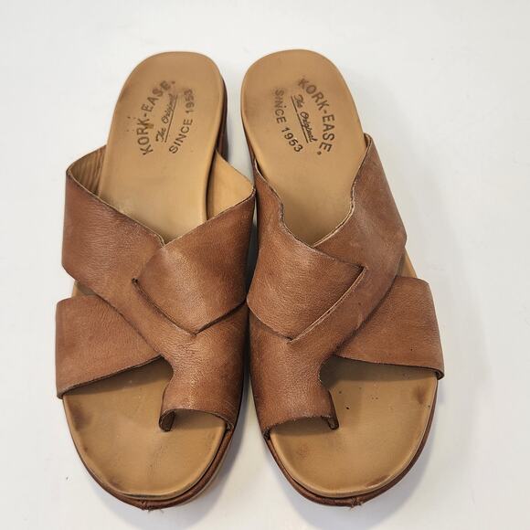 Kork Ease Baja Sport Brown Leather Wedge Sandal Women Size 8M Slip On Toe Loop - Picture 2 of 8